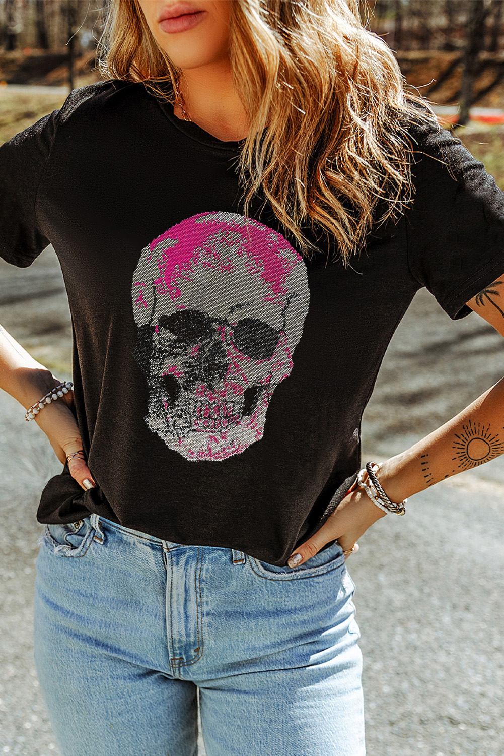 Comfortable Casual T-Shirt with Unique Rhinestone Skull Design - Black - Detail View 3 Comfortable Casual T-Shirt with Unique Rhinestone Skull Design - Black - Detail View 3