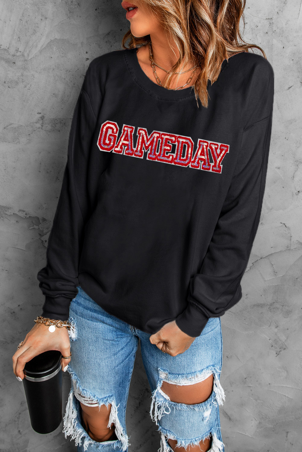 Casual and Fun Graphic Sweatshirt for Football Season - Black Sequined Lettering - Detail View 8 Casual and Fun Graphic Sweatshirt for Football Season - Black Sequined Lettering - Detail View 8