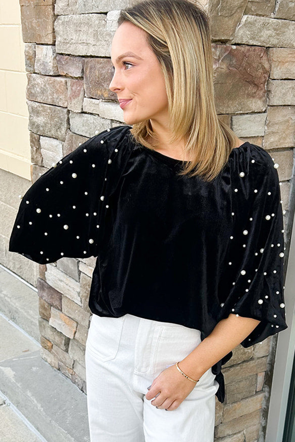 Women's Top, Black Velvet, Pearl Beaded, Half Sleeve, Elegant, Luxurious, Cozy, Special Occasions, Night Out, Solid Color, Round Neck, Autumn Fashion, Stylish, Blouses & Shirts, Comfortable Fit, Country Style - Detail View 4 Women's Top, Black Velvet, Pearl Beaded, Half Sleeve, Elegant, Luxurious, Cozy, Special Occasions, Night Out, Solid Color, Round Neck, Autumn Fashion, Stylish, Blouses & Shirts, Comfortable Fit, Country Style - Detail View 4