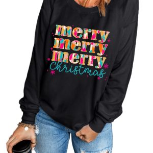 Women's Black Merry Christmas Painted Crew Neck Graphic Sweatshirt for Holiday Cheer - Main View