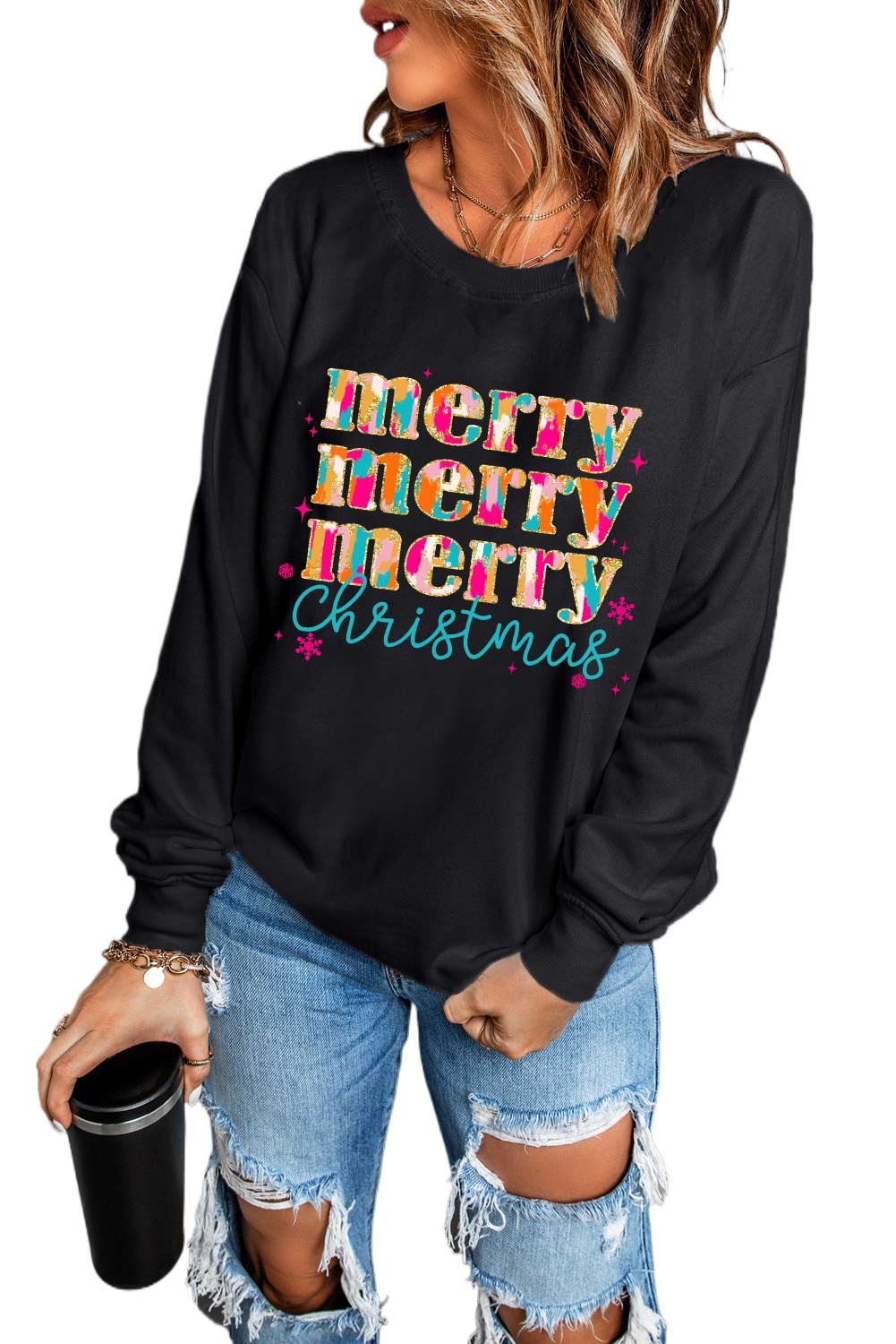 Women's Black Merry Christmas Painted Crew Neck Graphic Sweatshirt for Holiday Cheer - Main View Women's Black Merry Christmas Painted Crew Neck Graphic Sweatshirt for Holiday Cheer - Main View