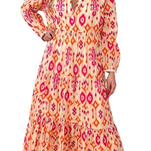 Women's Orange Western Abstract Geometric Maxi Dress - Main View