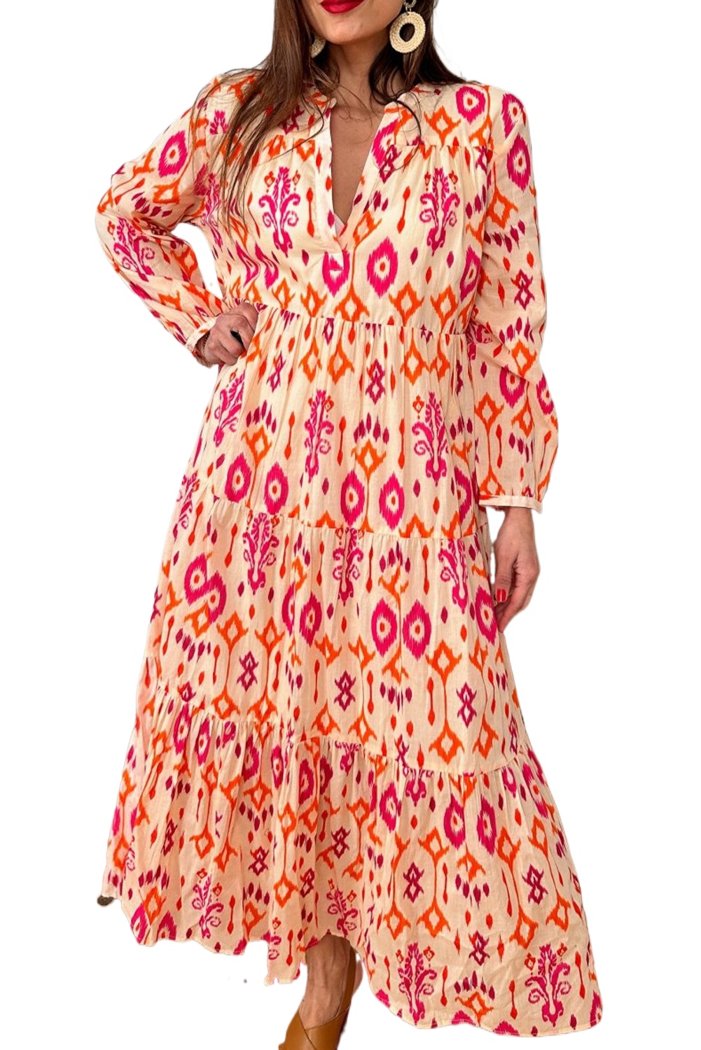 Women's Orange Western Abstract Geometric Maxi Dress - Main View Women's Orange Western Abstract Geometric Maxi Dress - Main View