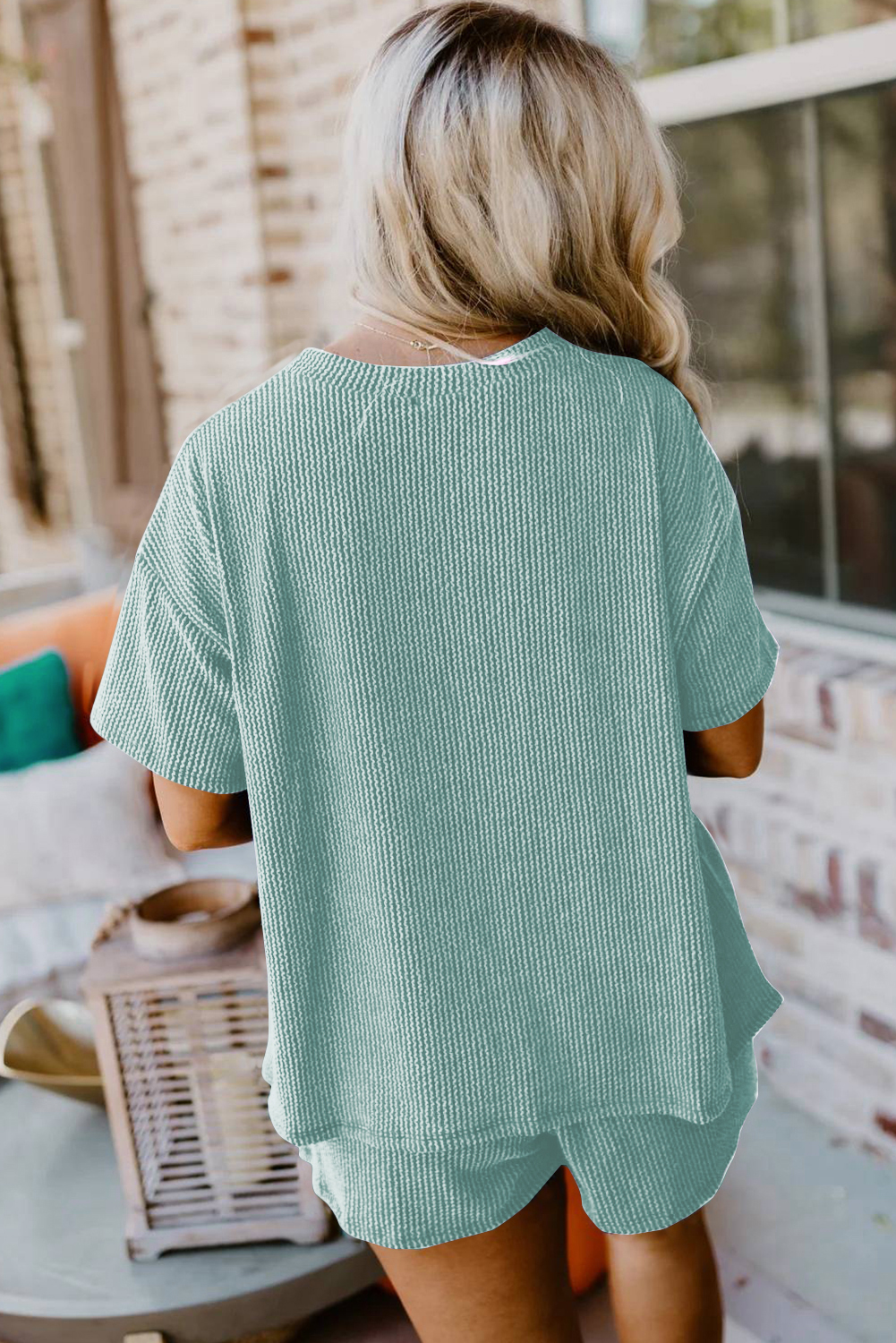 Women's Two Piece Set, Iceland Blue, Textured Knit, Ribbed Fabric, Short Sleeves, Casual Style, Daily Wear, Soft Comfort, Loose Fit, Solid Color, Shorts and Tee Set, Tops, Shorts, Two Piece Sets - Detail View 10 Women's Two Piece Set, Iceland Blue, Textured Knit, Ribbed Fabric, Short Sleeves, Casual Style, Daily Wear, Soft Comfort, Loose Fit, Solid Color, Shorts and Tee Set, Tops, Shorts, Two Piece Sets - Detail View 10