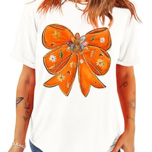 Women's White Fall Vibes Bowknot Graphic Crew Neck T-Shirt for Casual Comfort - Main View