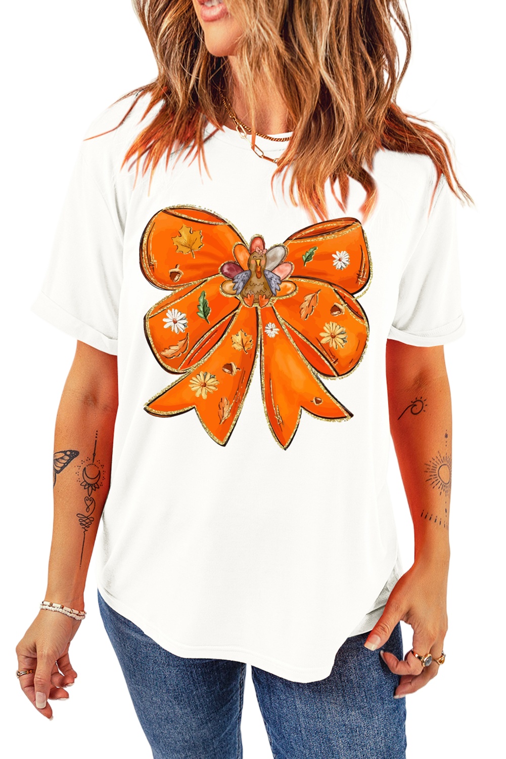 Women's White Fall Vibes Bowknot Graphic Crew Neck T-Shirt for Casual Comfort - Main View Women's White Fall Vibes Bowknot Graphic Crew Neck T-Shirt for Casual Comfort - Main View