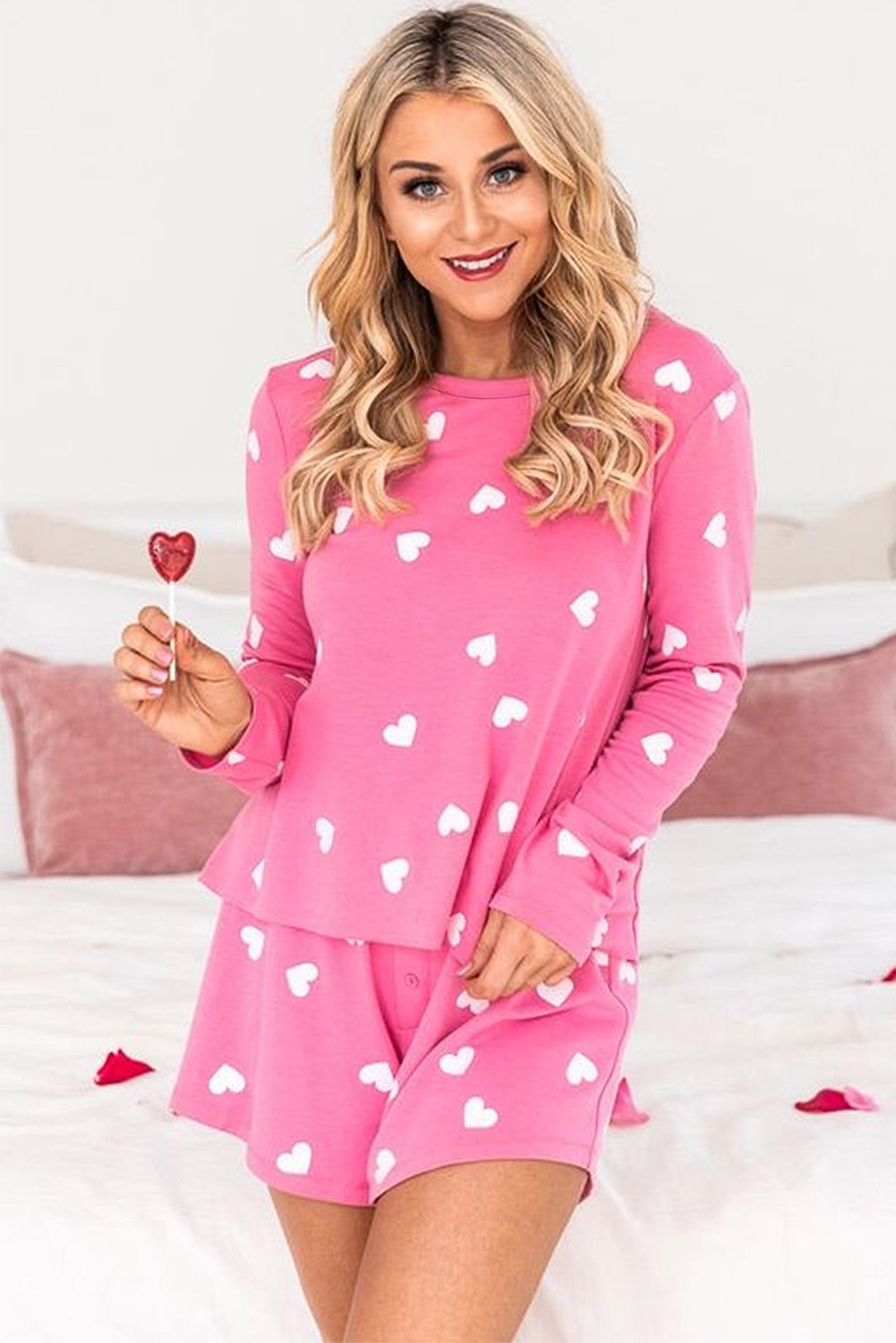 Pink Heart Loungewear Set, Casual Round Neck Top and Shorts - Detail View 20 Pink Heart Loungewear Set, Casual Round Neck Top and Shorts - Detail View 20