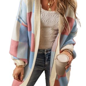 Women's Light Blue Checkered Drop Shoulder Cardigan - Main View
