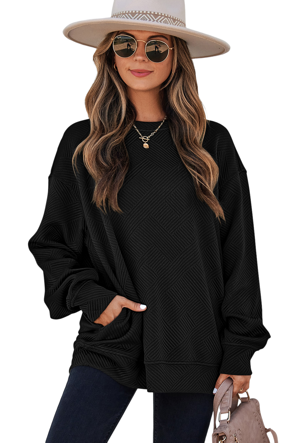 Women's Textured Sweatshirt, Casual Daily Pullover - Detail View 7 Women's Textured Sweatshirt, Casual Daily Pullover - Detail View 7