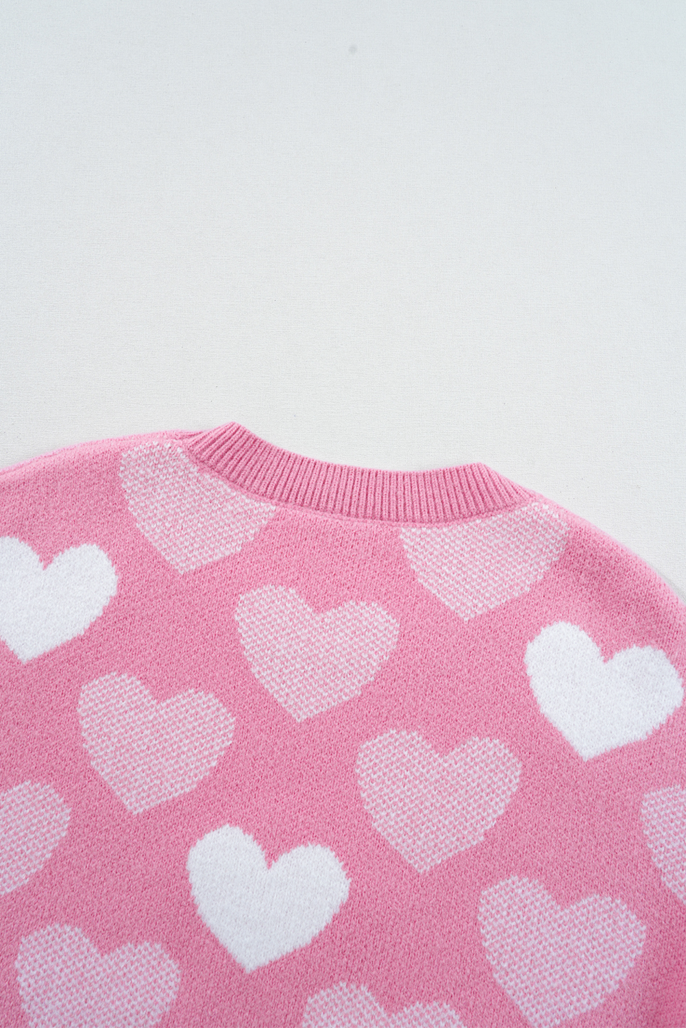 Women's Cozy Pink Pearled Heart Print Crew Neck Sweater for Valentine's Day - Detail View 9 Women's Cozy Pink Pearled Heart Print Crew Neck Sweater for Valentine's Day - Detail View 9