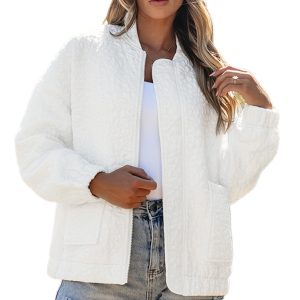 Women's White Floral Quilted Long Sleeve Jacket - Main View