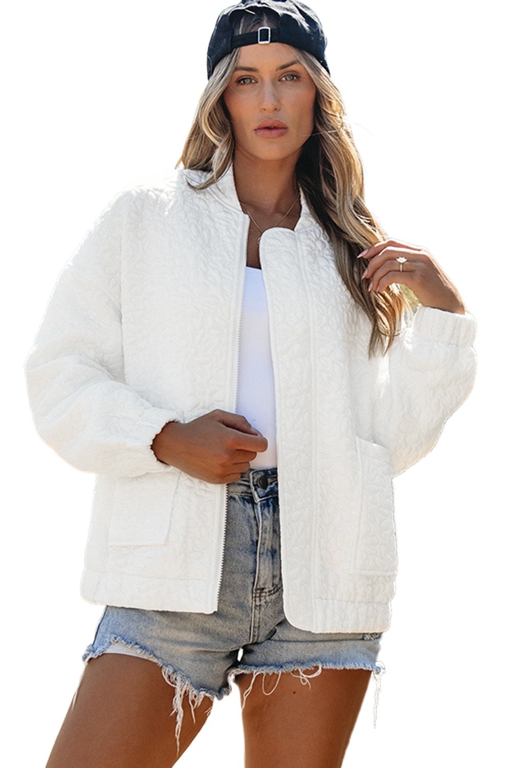 Women's White Floral Quilted Long Sleeve Jacket - Main View Women's White Floral Quilted Long Sleeve Jacket - Main View