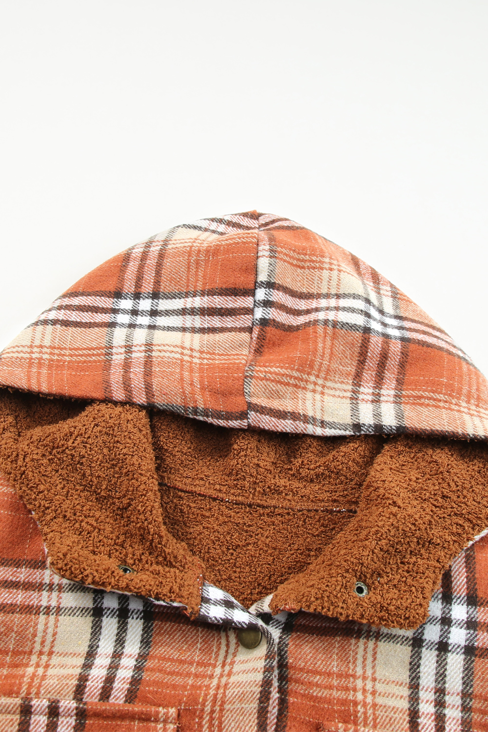 Women's Orange Plaid Shacket, Sherpa Lined Hooded Jacket - Detail View 13 Women's Orange Plaid Shacket, Sherpa Lined Hooded Jacket - Detail View 13