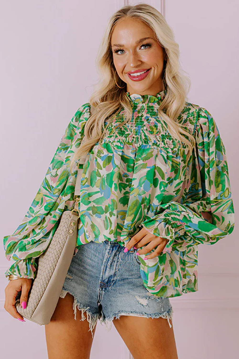 Women's Blouse, Green Floral, Flounce Sleeve, Shirred Mock Neck, Elegant Style, Loose Fit, Daily Wear, Spring Fashion, Botanical Print, Long Sleeve, Shift Silhouette, Ruffle Details, 100% Polyester, Versatile Top, Country Style, Best Sellers - Detail View 4 Women's Blouse, Green Floral, Flounce Sleeve, Shirred Mock Neck, Elegant Style, Loose Fit, Daily Wear, Spring Fashion, Botanical Print, Long Sleeve, Shift Silhouette, Ruffle Details, 100% Polyester, Versatile Top, Country Style, Best Sellers - Detail View 4