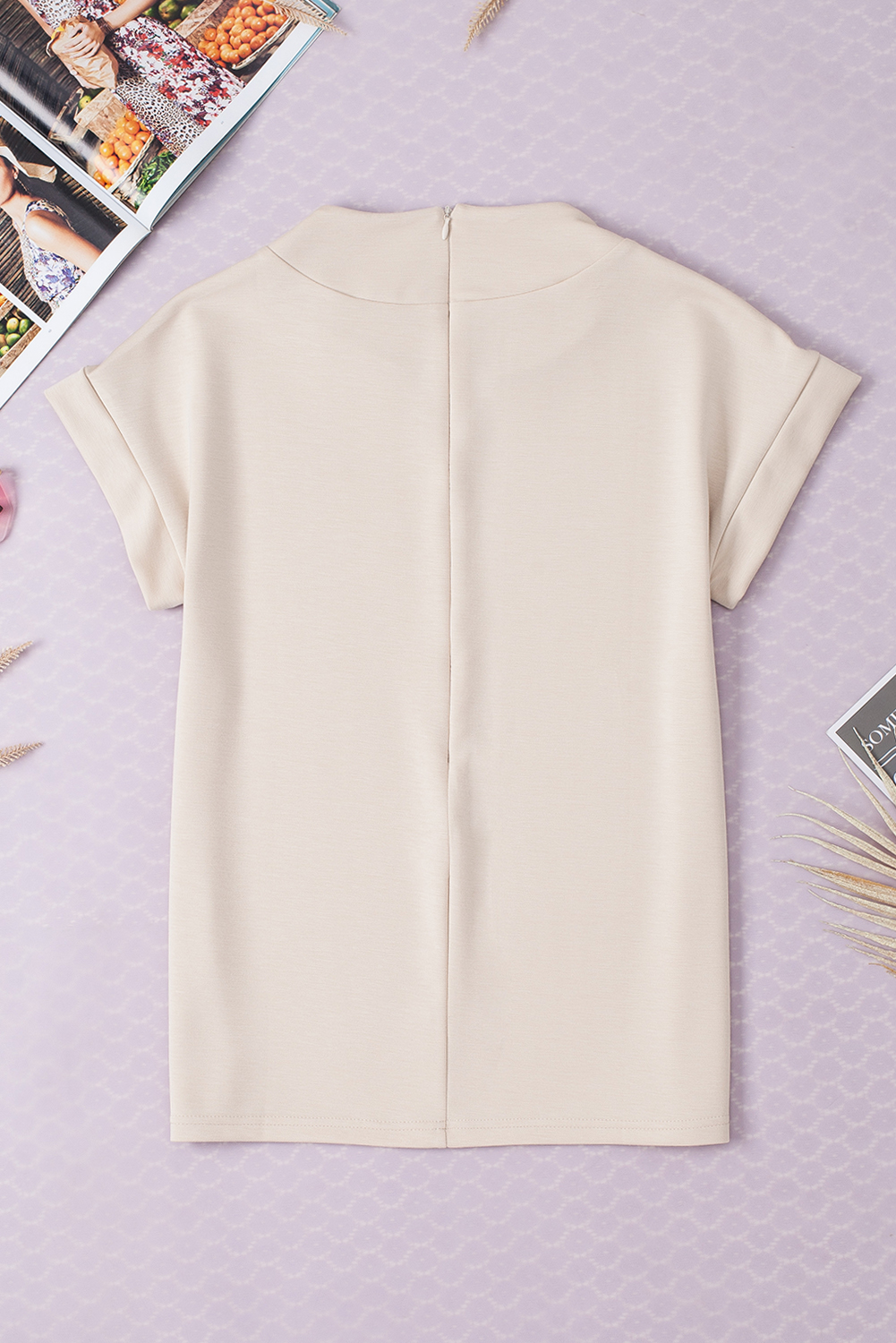 Oatmeal Solid Color Tee, Elegant Mock Neck Summer Shirt - Detail View 8 Oatmeal Solid Color Tee, Elegant Mock Neck Summer Shirt - Detail View 8