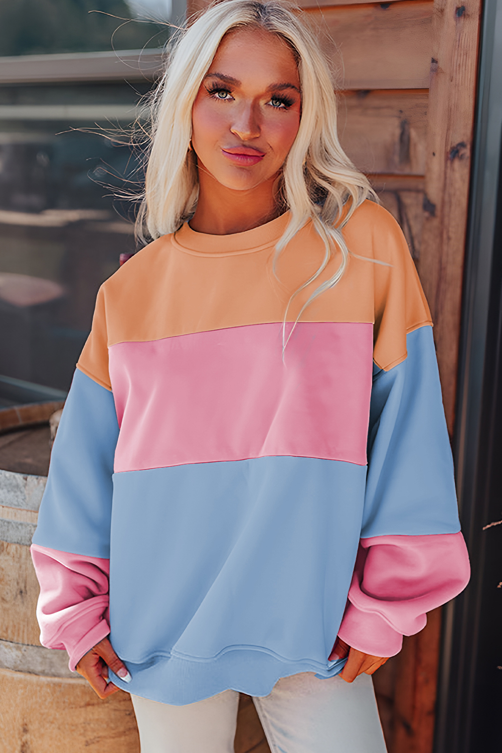 Women's Sky Blue Colorblock Patchwork Drop Shoulder Sweatshirt - Detail View 6 Women's Sky Blue Colorblock Patchwork Drop Shoulder Sweatshirt - Detail View 6