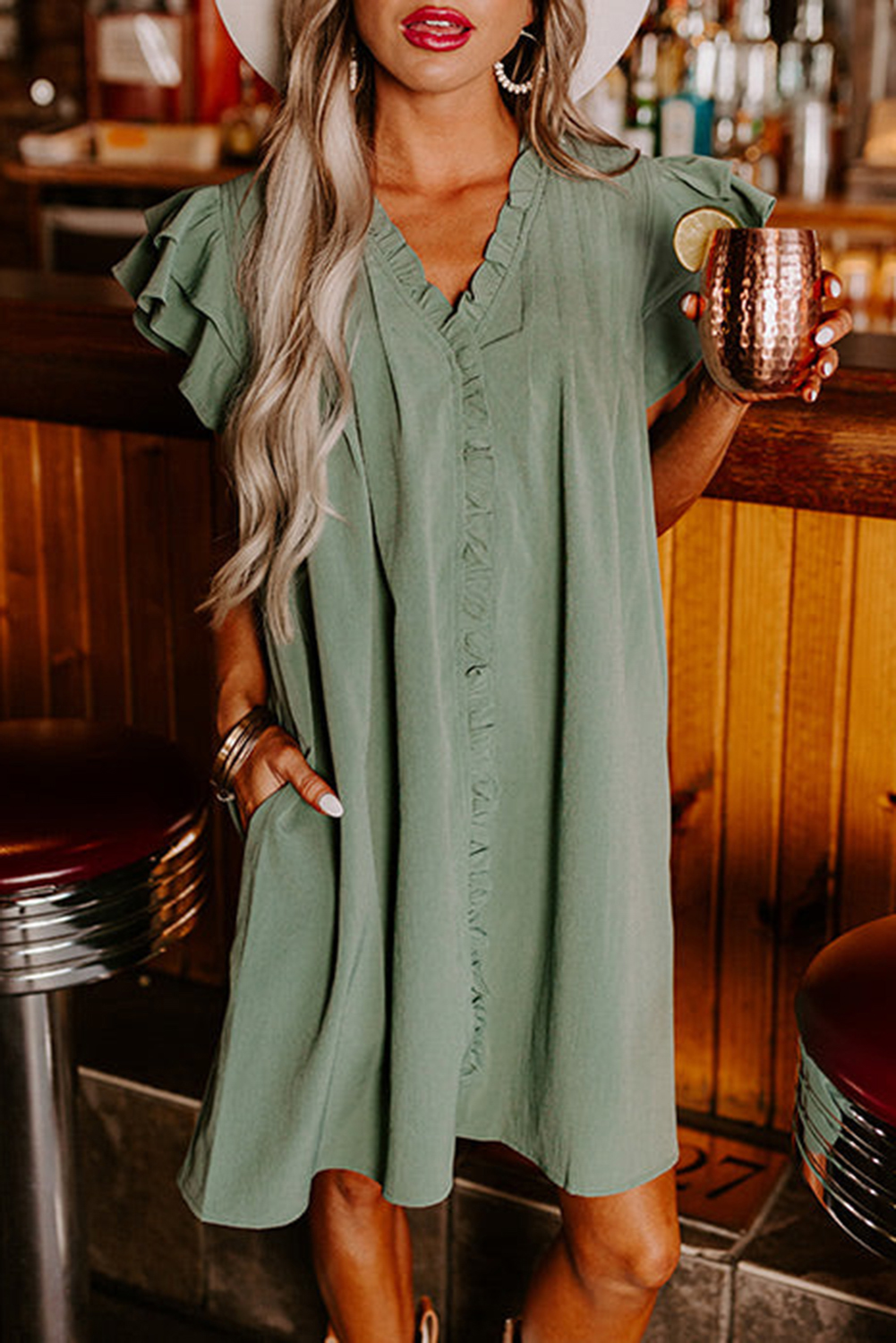 Elegant Short Sleeve Frilled Dress in Mist Green - Casual Style - Detail View 2 Elegant Short Sleeve Frilled Dress in Mist Green - Casual Style - Detail View 2