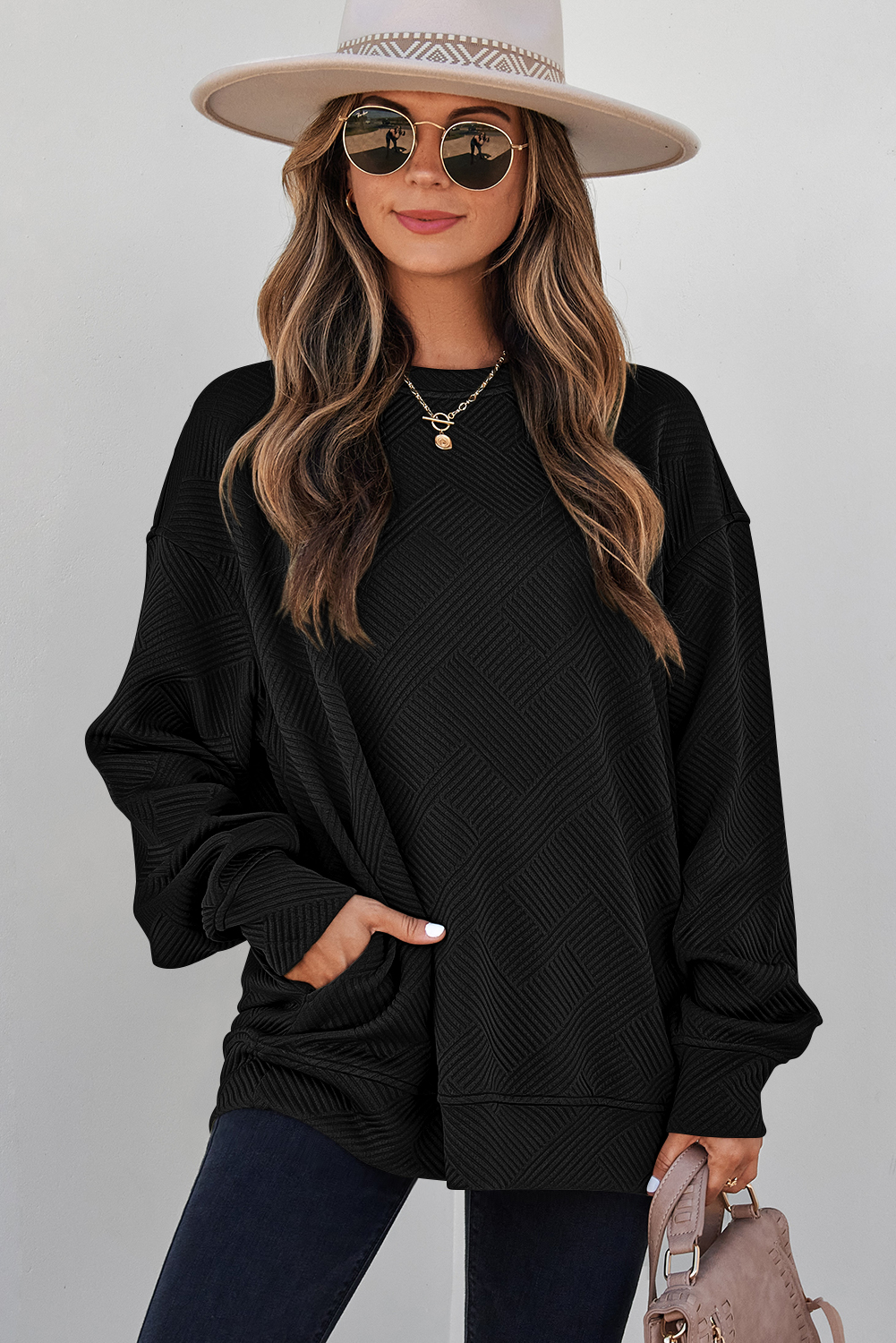 Women's Drop Shoulder Sweatshirt, Cozy Textured Knit - Detail View 6 Women's Drop Shoulder Sweatshirt, Cozy Textured Knit - Detail View 6