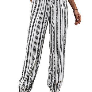Women's Black Stripe Boho Striped Print Casual Pants - Main View