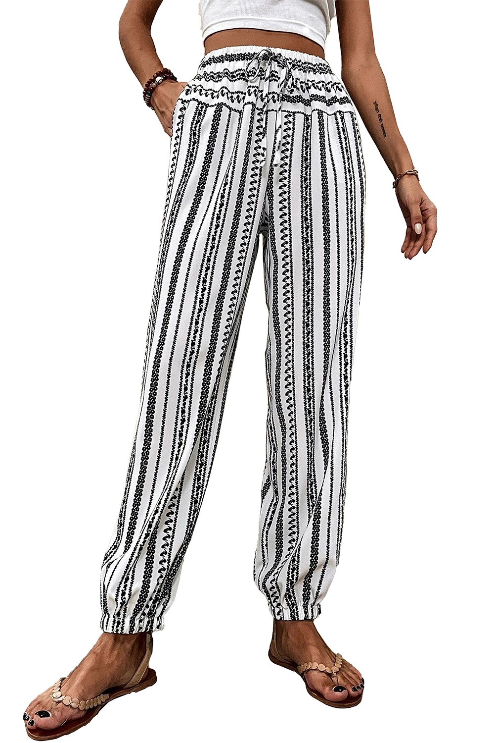Women's Black Stripe Boho Striped Print Casual Pants - Main View Women's Black Stripe Boho Striped Print Casual Pants - Main View