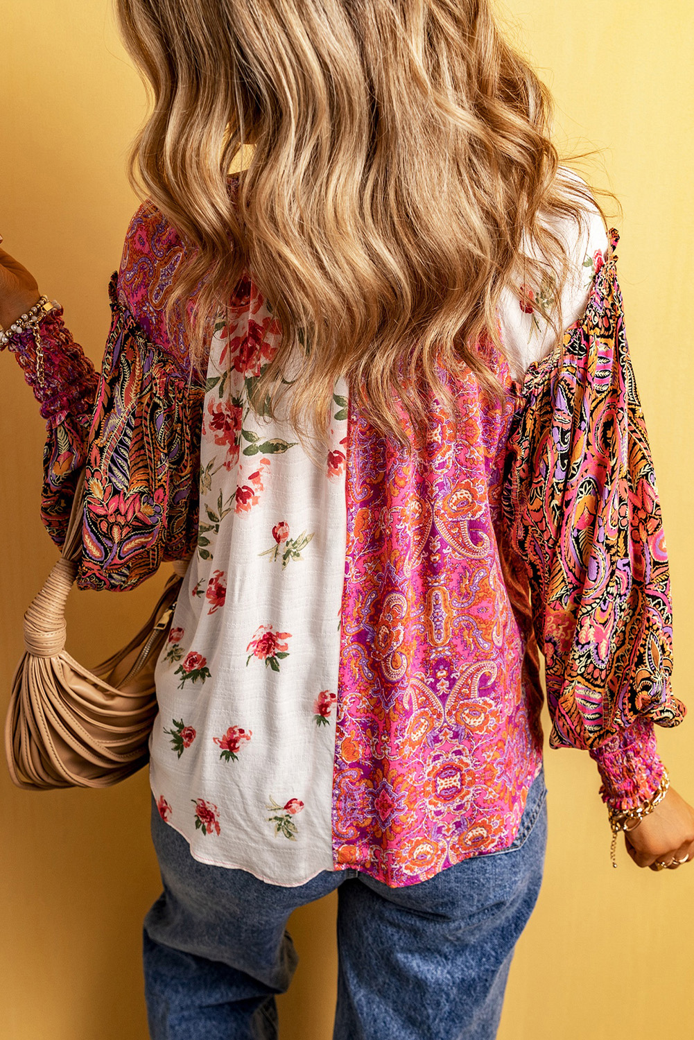 Boho Multicolor V Neck Blouse, Long Sleeve Floral Button Top - Detail View 2 Boho Multicolor V Neck Blouse, Long Sleeve Floral Button Top - Detail View 2