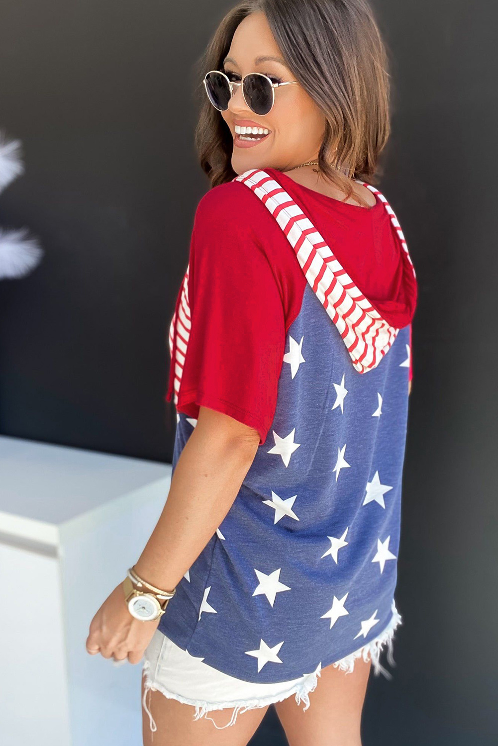 Stylish Short Sleeve Hoodie: Fiery Red with Drawstring Detail - Detail View 3 Stylish Short Sleeve Hoodie: Fiery Red with Drawstring Detail - Detail View 3