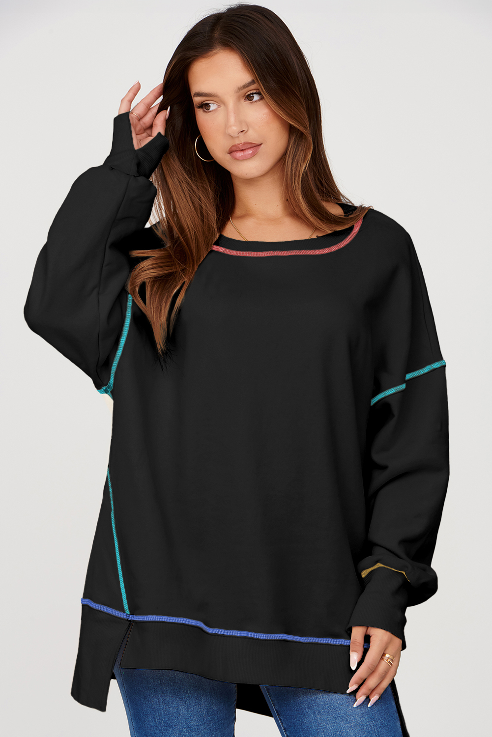 Casual Split Hem Sweatshirt, Black Long Sleeve Pullover - Detail View 5 Casual Split Hem Sweatshirt, Black Long Sleeve Pullover - Detail View 5