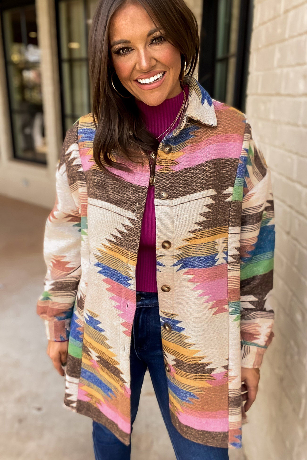 Comfortable and Stylish Outerwear for Fall and Autumn - White Aztec Print Shacket - Detail View 8 Comfortable and Stylish Outerwear for Fall and Autumn - White Aztec Print Shacket - Detail View 8