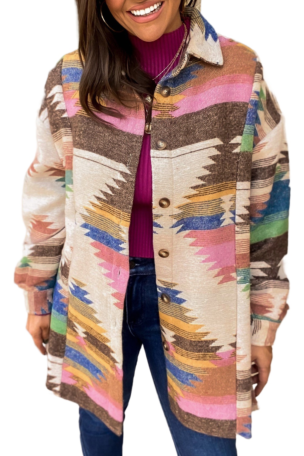 Women's White Aztec Print Button Up Shacket - Main View Women's White Aztec Print Button Up Shacket - Main View