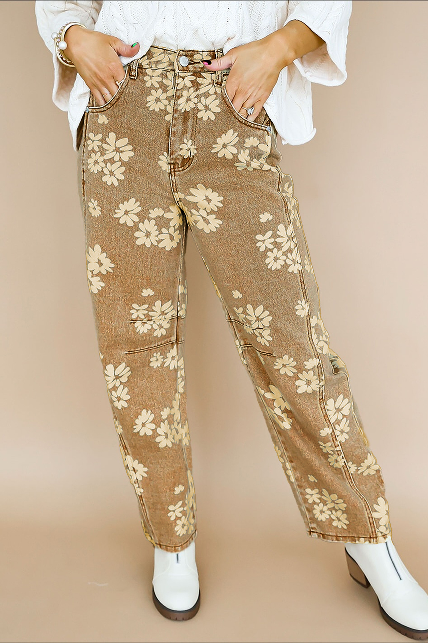 High Waisted Cotton Jeans, Khaki Floral Straight Leg - Detail View 3 High Waisted Cotton Jeans, Khaki Floral Straight Leg - Detail View 3