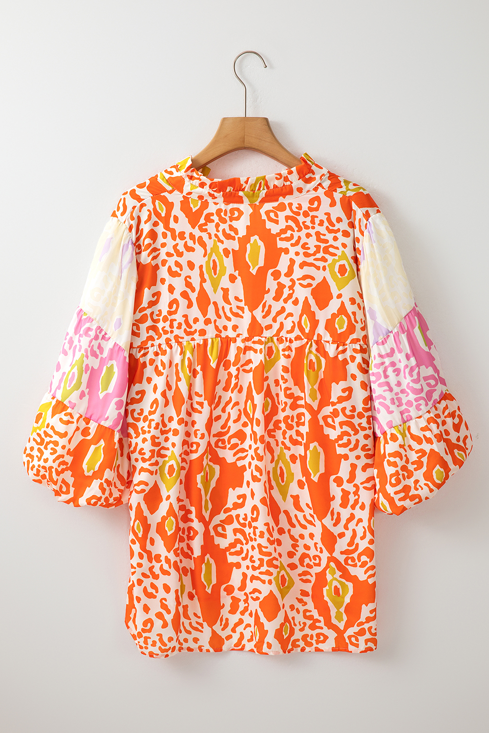 Women's Blouse, Orange Leopard, Colorblock, Puff Sleeve, Split Neck, Trendy, Chic, Summer, Daily Wear, Versatile Style, Fashionable, V-Neck, Abstract Pattern, Best Sellers, Country Style - Detail View 10 Women's Blouse, Orange Leopard, Colorblock, Puff Sleeve, Split Neck, Trendy, Chic, Summer, Daily Wear, Versatile Style, Fashionable, V-Neck, Abstract Pattern, Best Sellers, Country Style - Detail View 10