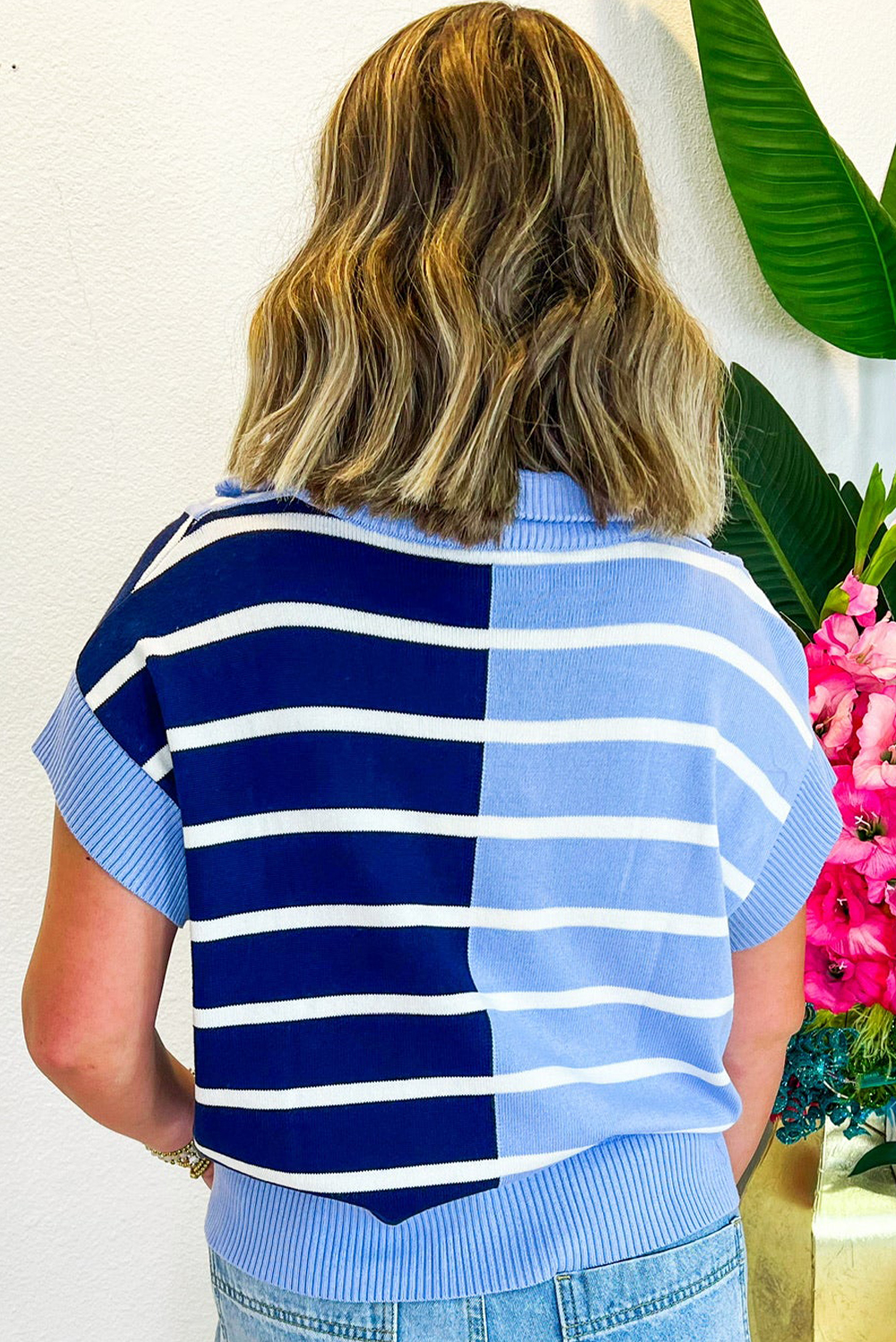 Women's Colorblock Stripe Knit Vest, Quarter Zip Collar - Detail View 2 Women's Colorblock Stripe Knit Vest, Quarter Zip Collar - Detail View 2