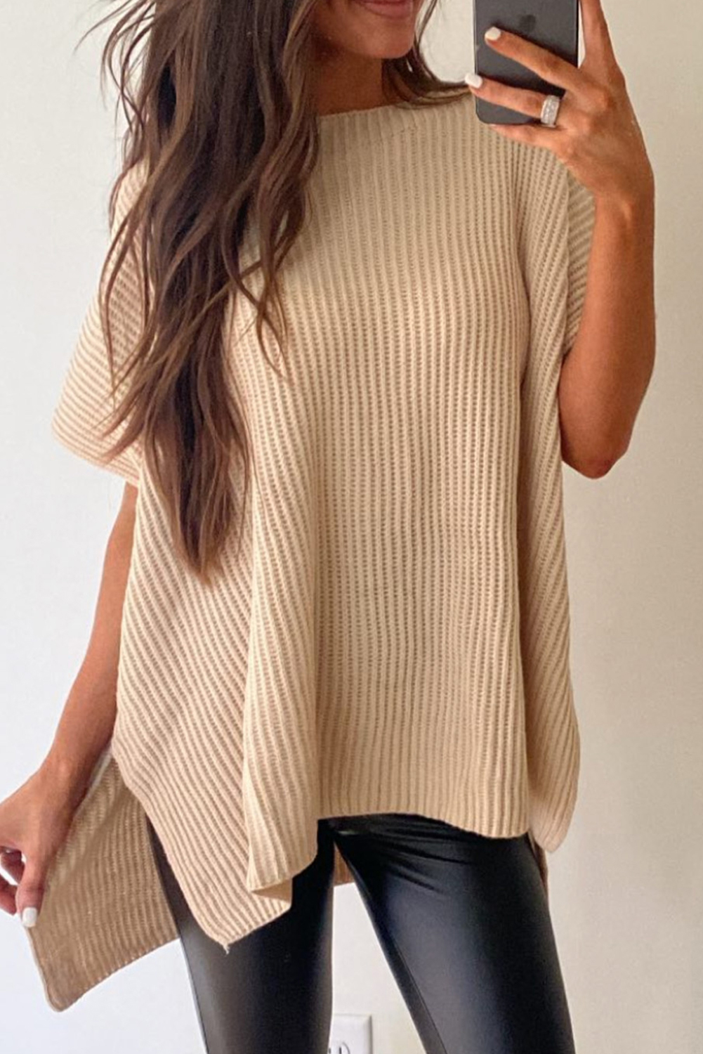 Chic and Cozy: Oversized Apricot Sweater with Wide Short Sleeves - Detail View 2 Chic and Cozy: Oversized Apricot Sweater with Wide Short Sleeves - Detail View 2