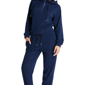 Women's Navy Blue Ribbed Knit Cropped Hoodie and Joggers Set - Main View