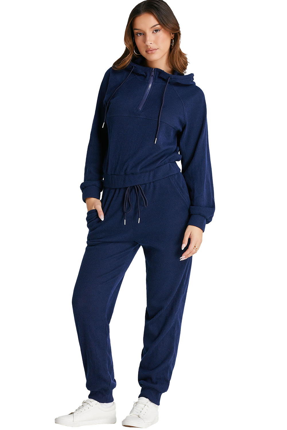 Women's Navy Blue Ribbed Knit Cropped Hoodie and Joggers Set - Main View Women's Navy Blue Ribbed Knit Cropped Hoodie and Joggers Set - Main View