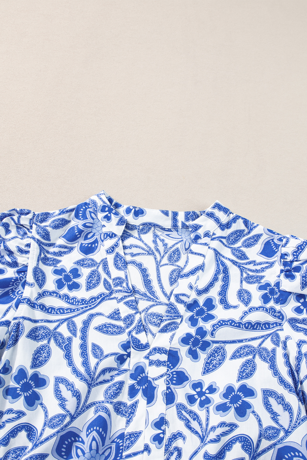 Women's Blue Floral Print Puff Sleeve Tiered Mini Dress - Detail View 11 Women's Blue Floral Print Puff Sleeve Tiered Mini Dress - Detail View 11