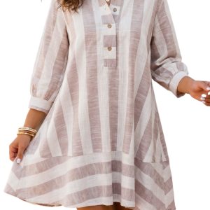 Women's Khaki Striped Dress, Casual Three Quarter Sleeve Shift - Main View