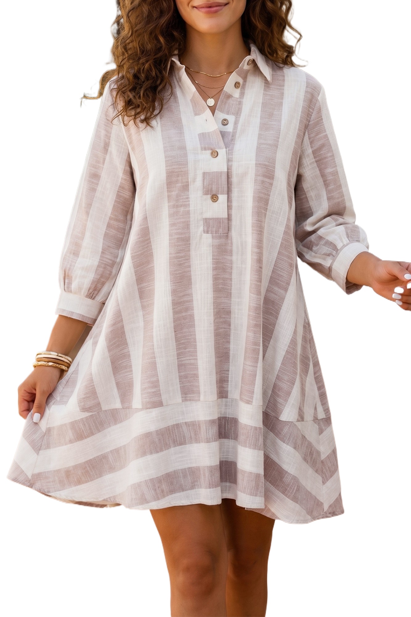 Women's Khaki Striped Dress, Casual Three Quarter Sleeve Shift - Main View Women's Khaki Striped Dress, Casual Three Quarter Sleeve Shift - Main View
