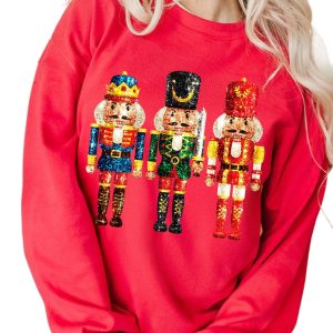 Women's Red Christmas Metallic Nutcracker Graphic Crew Neck Sweatshirt - Main View