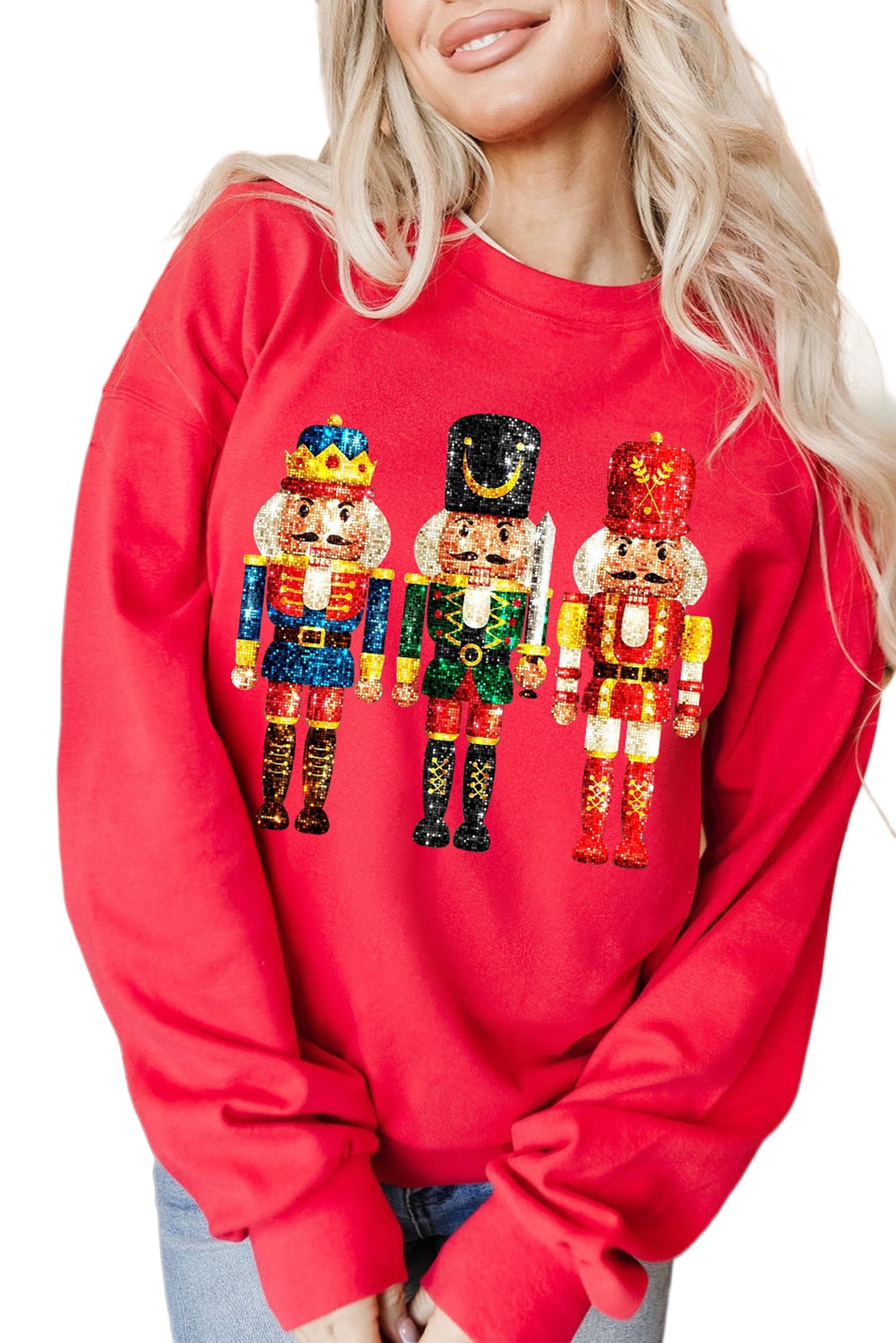 Women's Red Christmas Metallic Nutcracker Graphic Crew Neck Sweatshirt - Main View Women's Red Christmas Metallic Nutcracker Graphic Crew Neck Sweatshirt - Main View