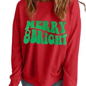 Women's Red MERRY & BRIGHT Drop Shoulder Crewneck Sweatshirt for Christmas - Main View