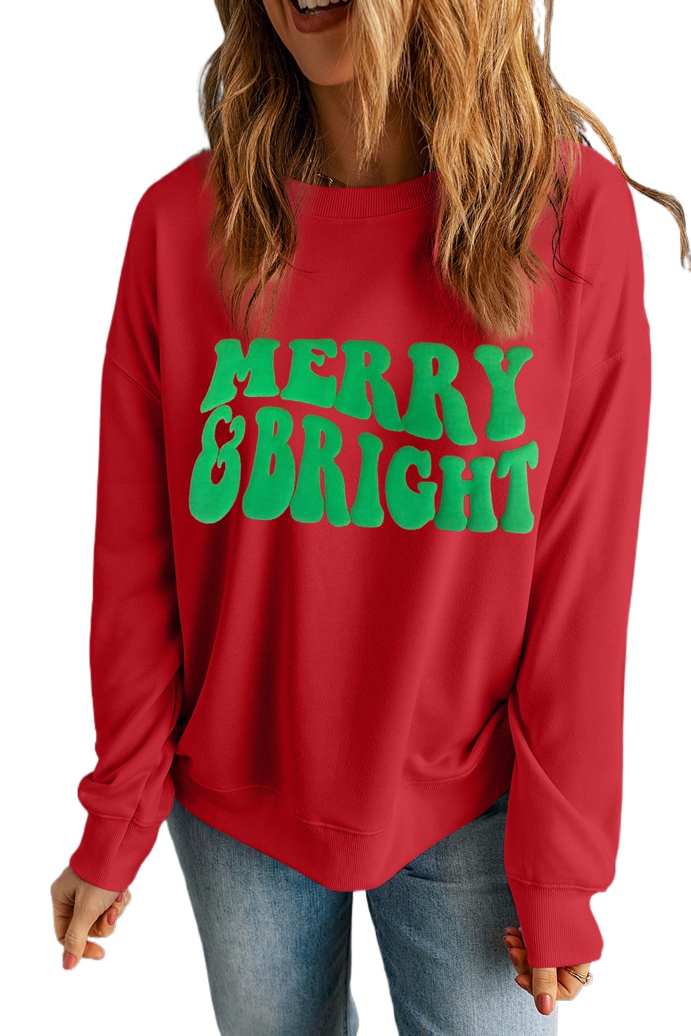Women's Red MERRY & BRIGHT Drop Shoulder Crewneck Sweatshirt for Christmas - Main View Women's Red MERRY & BRIGHT Drop Shoulder Crewneck Sweatshirt for Christmas - Main View