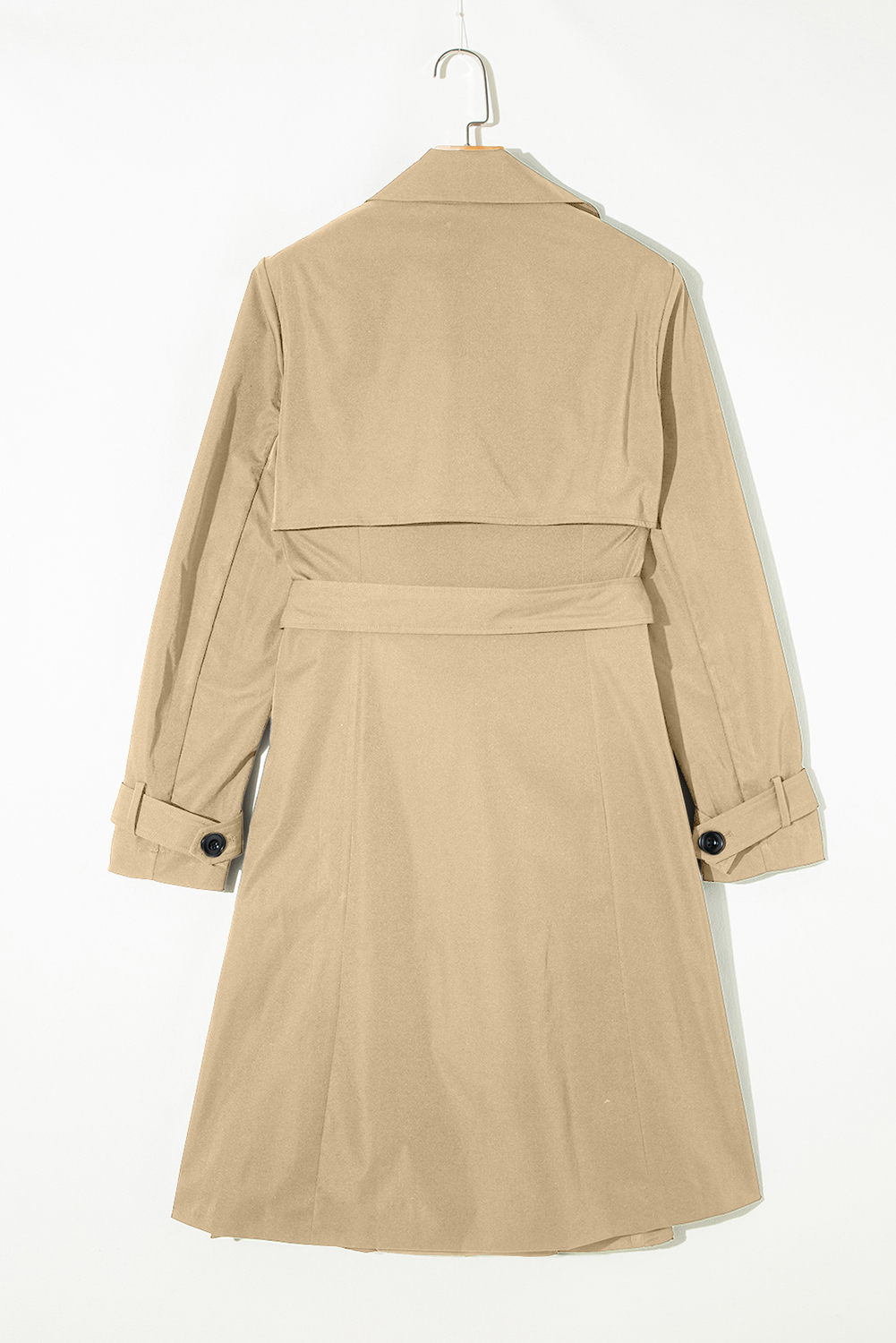 Elegant Long Sleeve Pale Khaki Duster Coat with Waist Tie and Button Closure - Detail View 6 Elegant Long Sleeve Pale Khaki Duster Coat with Waist Tie and Button Closure - Detail View 6
