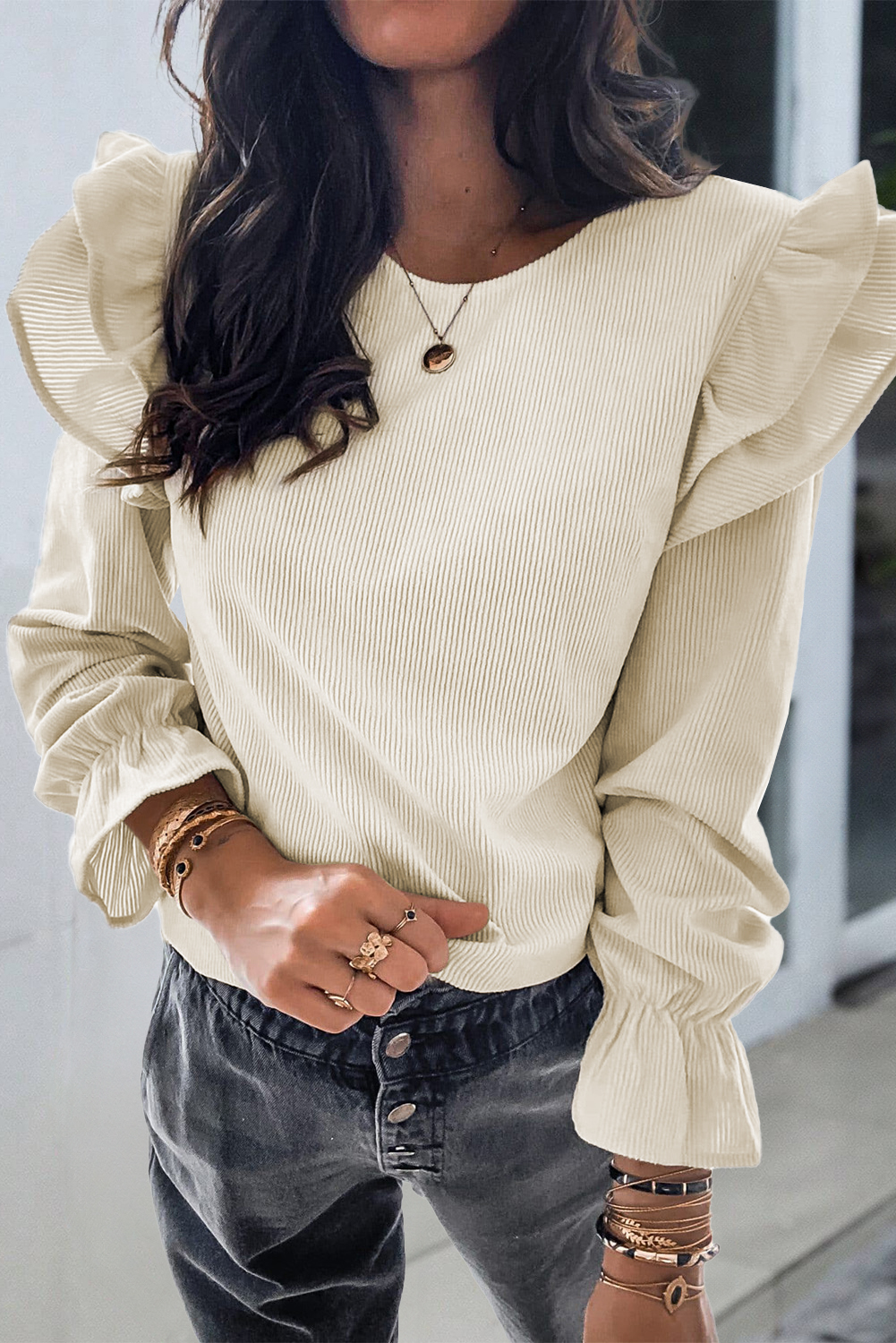 Stunning Long Sleeve Corduroy Shirt with Ruffled Sleeves and Round Neck - Detail View 2 Stunning Long Sleeve Corduroy Shirt with Ruffled Sleeves and Round Neck - Detail View 2