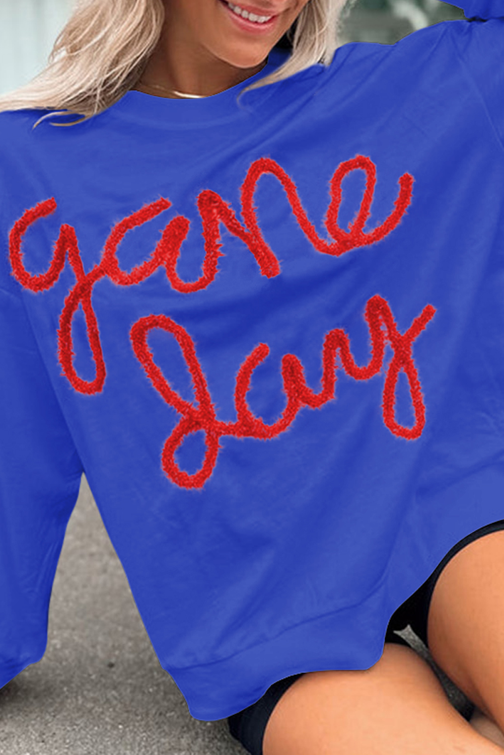 Casual Drop Shoulder Sweatshirt with Fun Tinsel Game Day Graphic - Detail View 2 Casual Drop Shoulder Sweatshirt with Fun Tinsel Game Day Graphic - Detail View 2