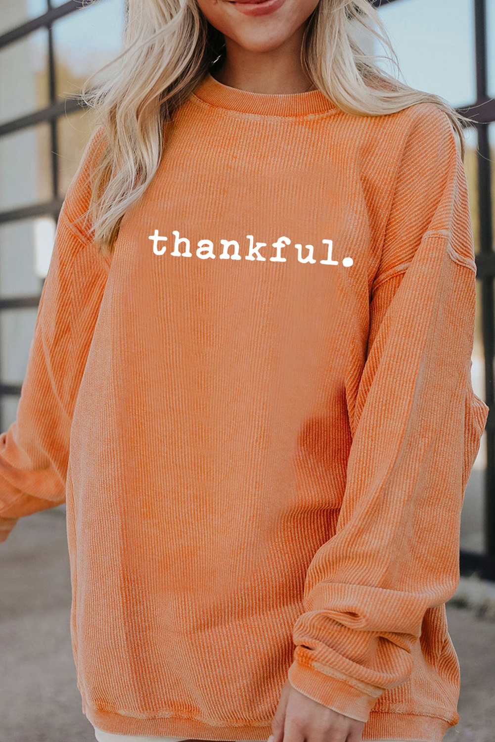 Festive Sweatshirt for Women - Orange Thankful Graphic Design - Detail View 2 Festive Sweatshirt for Women - Orange Thankful Graphic Design - Detail View 2