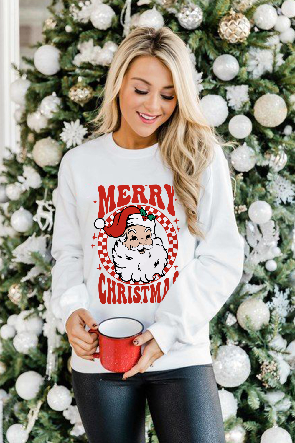 Ring in the holiday cheer with this Women's Beige Merry Christmas Claus Graphic Drop Shoulder Sweatshirt. The festive Christmas Claus graphic and letter print add a touch of holiday magic to this cozy sweatshirt. The relaxed fit, achieved through drop shoulders and a crew neck, ensures a comfortable wear. Pair it with jeans or casual pants for a chic and effortless look. Made from a soft blend of 50% polyester and 50% cotton, this sweatshirt ensures a snug and comfortable fit. Perfect for the fall and winter seasons, this graphic sweatshirt is a must-have for the holiday season. - Detail View 4 Ring in the holiday cheer with this Women's Beige Merry Christmas Claus Graphic Drop Shoulder Sweatshirt. The festive Christmas Claus graphic and letter print add a touch of holiday magic to this cozy sweatshirt. The relaxed fit, achieved through drop shoulders and a crew neck, ensures a comfortable wear. Pair it with jeans or casual pants for a chic and effortless look. Made from a soft blend of 50% polyester and 50% cotton, this sweatshirt ensures a snug and comfortable fit. Perfect for the fall and winter seasons, this graphic sweatshirt is a must-have for the holiday season. - Detail View 4