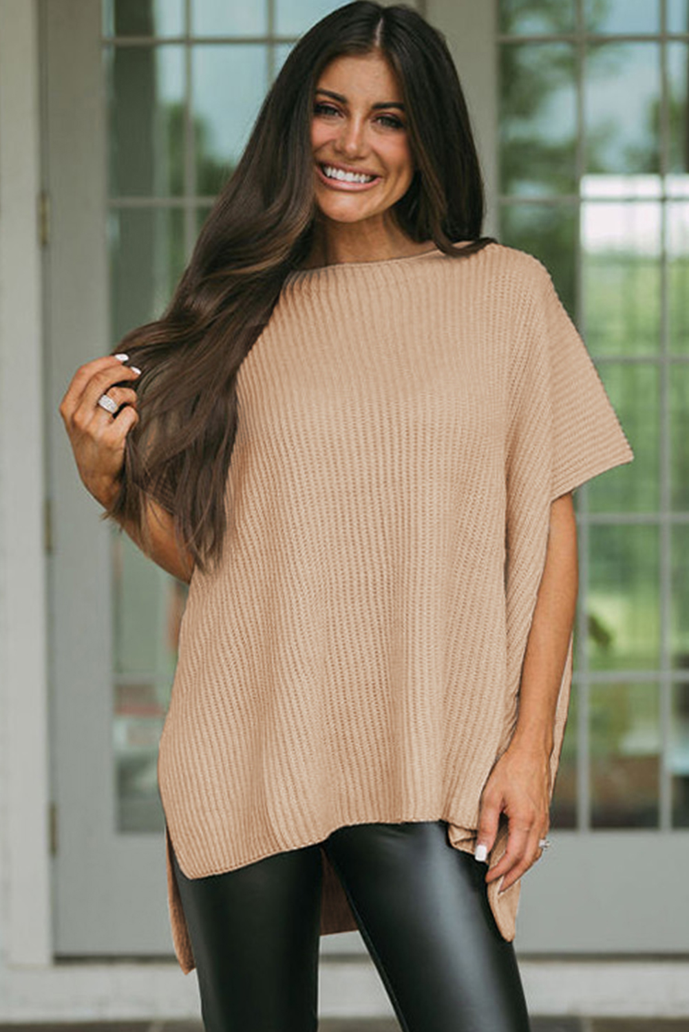 Women's Apricot Short Sleeve Side Slit Oversized Sweater - Detail View 6 Women's Apricot Short Sleeve Side Slit Oversized Sweater - Detail View 6