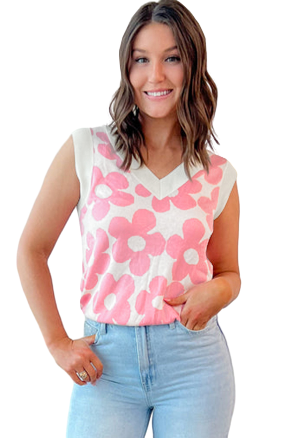 Women's Floral V Neck Tank, Pink Sleeveless Knit Summer Top - Main View Women's Floral V Neck Tank, Pink Sleeveless Knit Summer Top - Main View