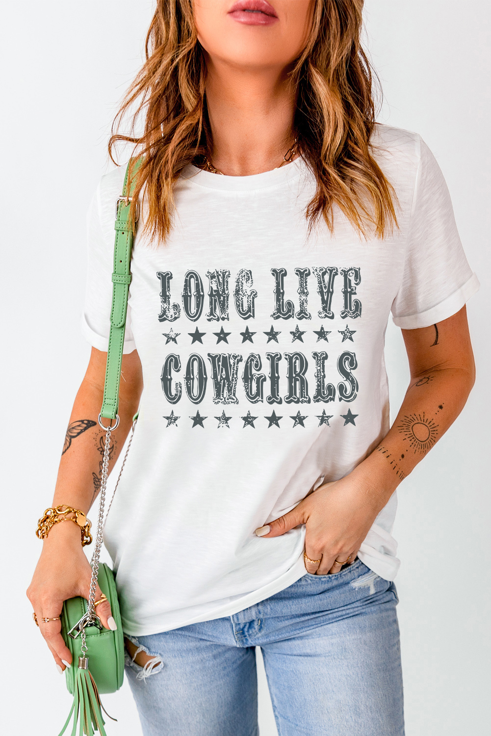 Western-Style Women's T-Shirt with Comfortable Fit and Bold Slogan Design - Detail View 3 Western-Style Women's T-Shirt with Comfortable Fit and Bold Slogan Design - Detail View 3